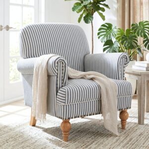 Blue Striped Linen Fabric Accent Chair, Coastal...