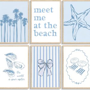 6pcs Preppy Light Blue Coastal Poster Wall Art,Meet Me...