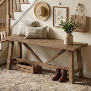 Wnutrees 43" Farmhouse Solid Wood Bench, Narrow Long...