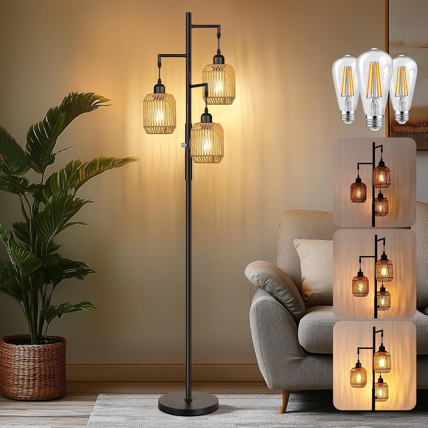 ROTTOGOON Dimmable Boho Floor Lamp - 3 Light Farmhouse... ROTTOGOON Dimmable Boho Floor Lamp - 3 Light Farmhouse...
