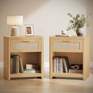 VASAGLE Set of 2 Boho Nightstands with Rattan-Look...
