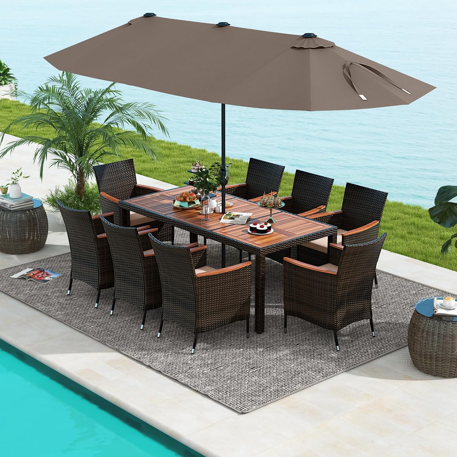 Tangkula 11 Pieces Rattan Outdoor Dining Set with 15Ft... Tangkula 11 Pieces Rattan Outdoor Dining Set with 15Ft...