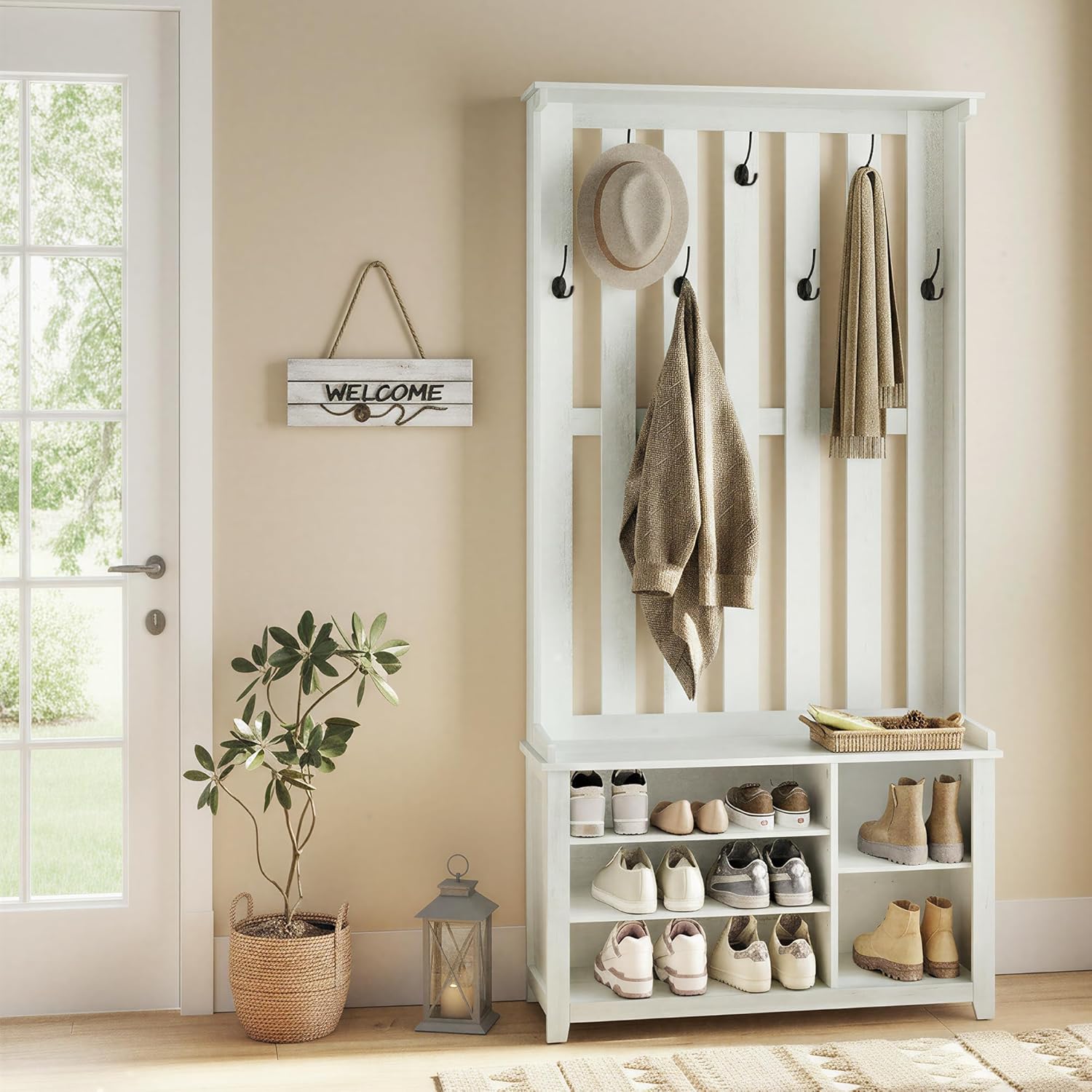 VASAGLE Hall Tree with Bench and Shoe Storage, 7 Double... VASAGLE Hall Tree with Bench and Shoe Storage, 7 Double...