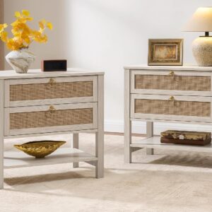 SICOTAS White Rattan Nightstand Set of 2, Wide Bedside...