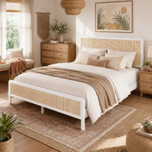 IMMERSTABLE Rattan Full Size Bed Frame with Headboard,...
