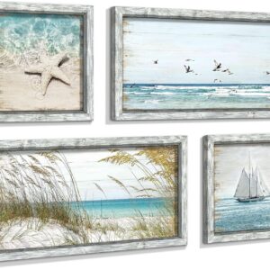 Beach Framed Wooden Pictures Wall Art: Coastal Art Set...