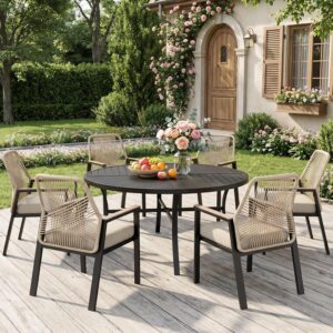 7pc Patio Dining Set, 54" Round Metal Table, 6 Rattan...