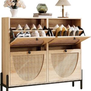 IRONCK Rattan Shoe Cabinet Storage with 4 Flip Drawers,...